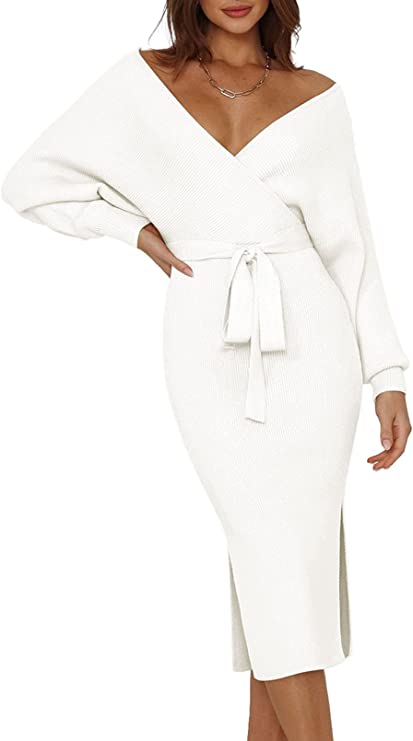 Pink Queen Women's V-neck Sweater Wrap Dress Pink Queen Women's V-neck Sweater Wrap Dress