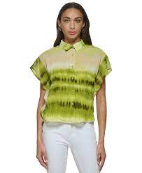 Calvin Klein Printed Button-Up Ruffle Blouse