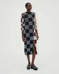 Checkerboard Long-Sleeve Sweater Dress